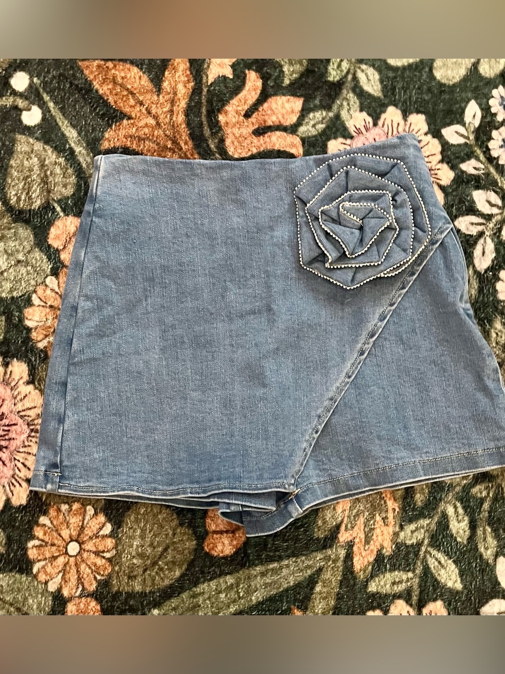 Denim Wrap Skirt with Floral Appliqué - Blue